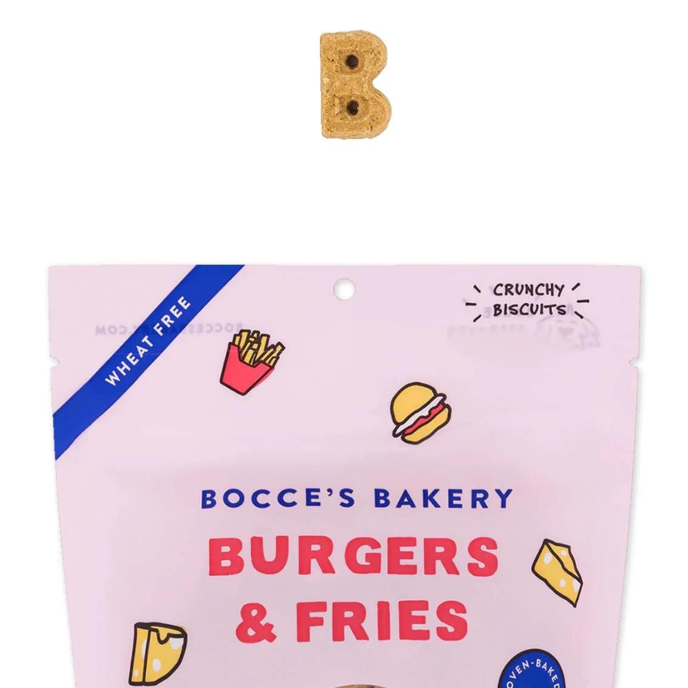 Bocce's Bakery burgers and fries dog biscuit treats