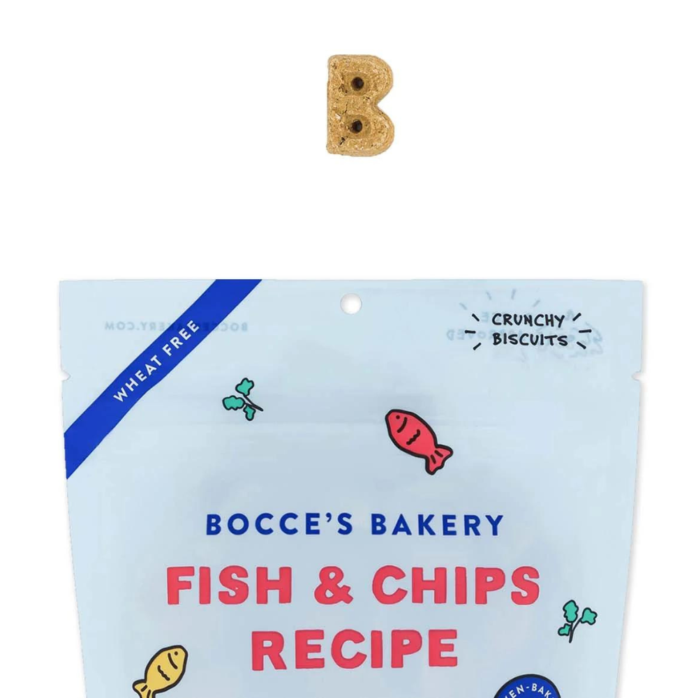 Bocce's Bakery fish and chips dog biscuit treats