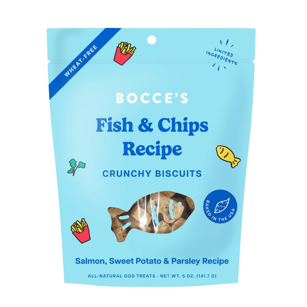 Bocce's Bakery fish and chips dog biscuit treats