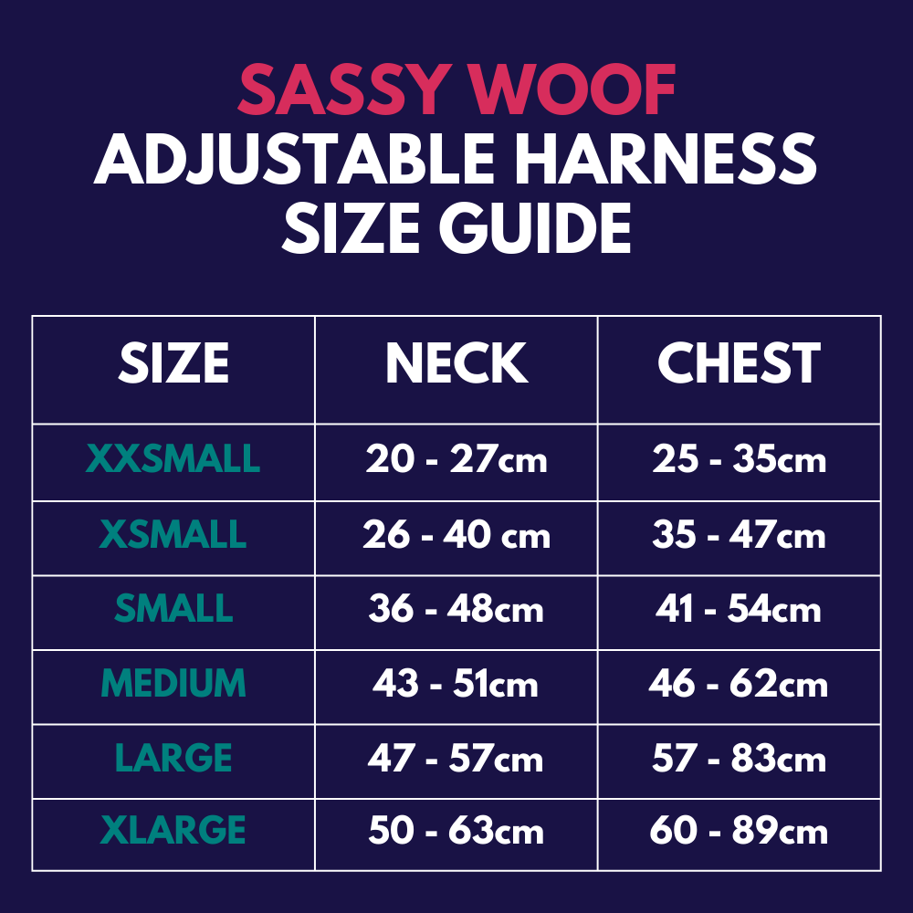 Sassy Woof adjustable dog harness - Size guide