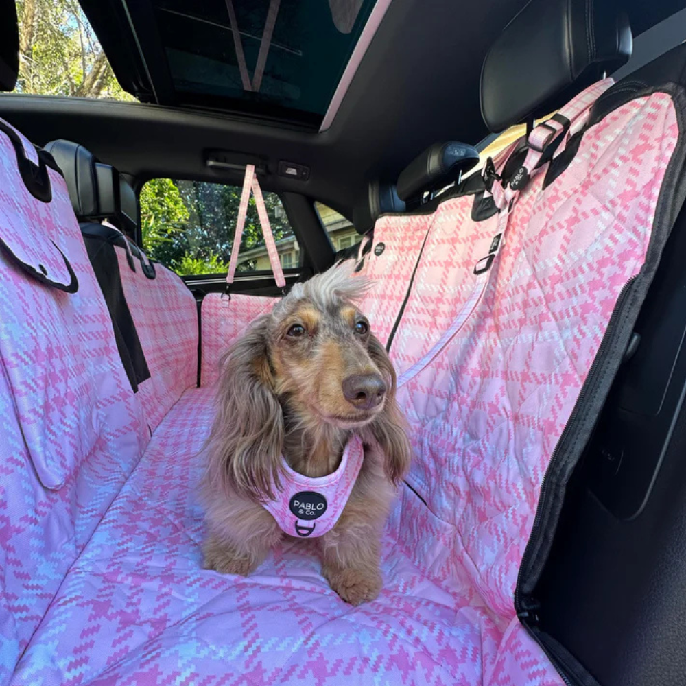 Pablo and Co headrest car restraint - Pink houndstooth