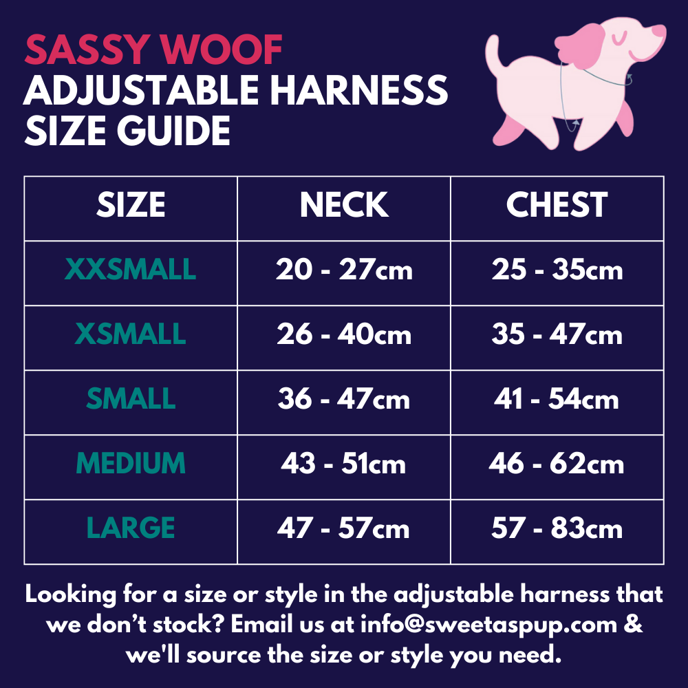 Sassy Woof adjustable dog harness - Size guide