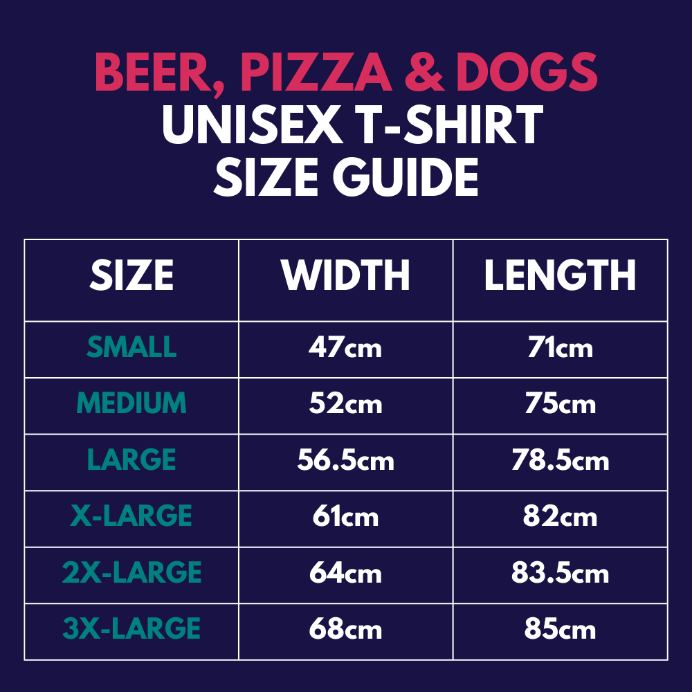 Unisex t-shirt - Beer, pizza and dogs - Size guide