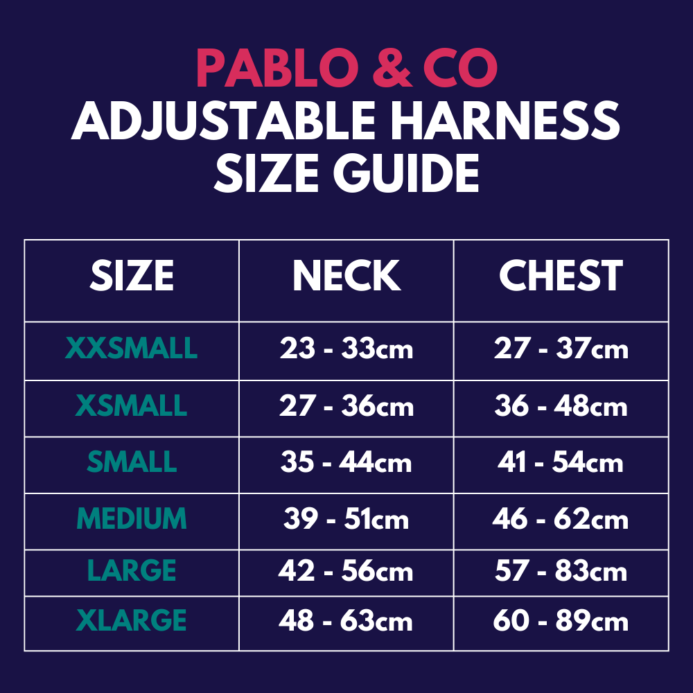 Pablo & Co adjustable dog harness - Size guide