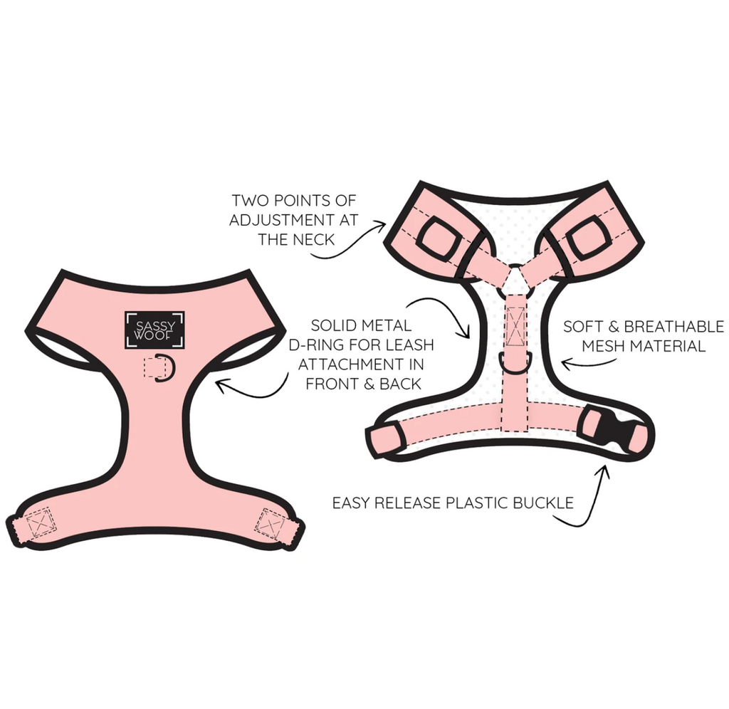 Sassy Woof adjustable dog harness - design features