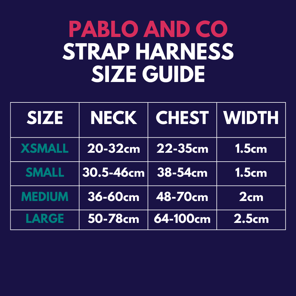 Pablo and Co Strap harness - Spicy margarita size guide