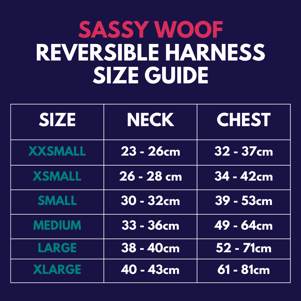 Sassy Woof reversible harness - dolce rose size guide