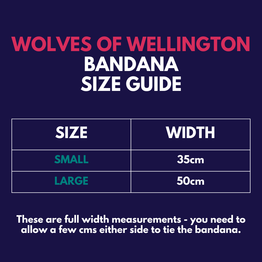 Wolves of Wellington dog bandana - size chart