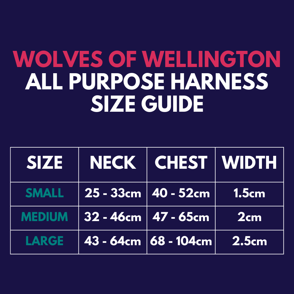 Wolves of Wellington all-purpose dog harness - size guide